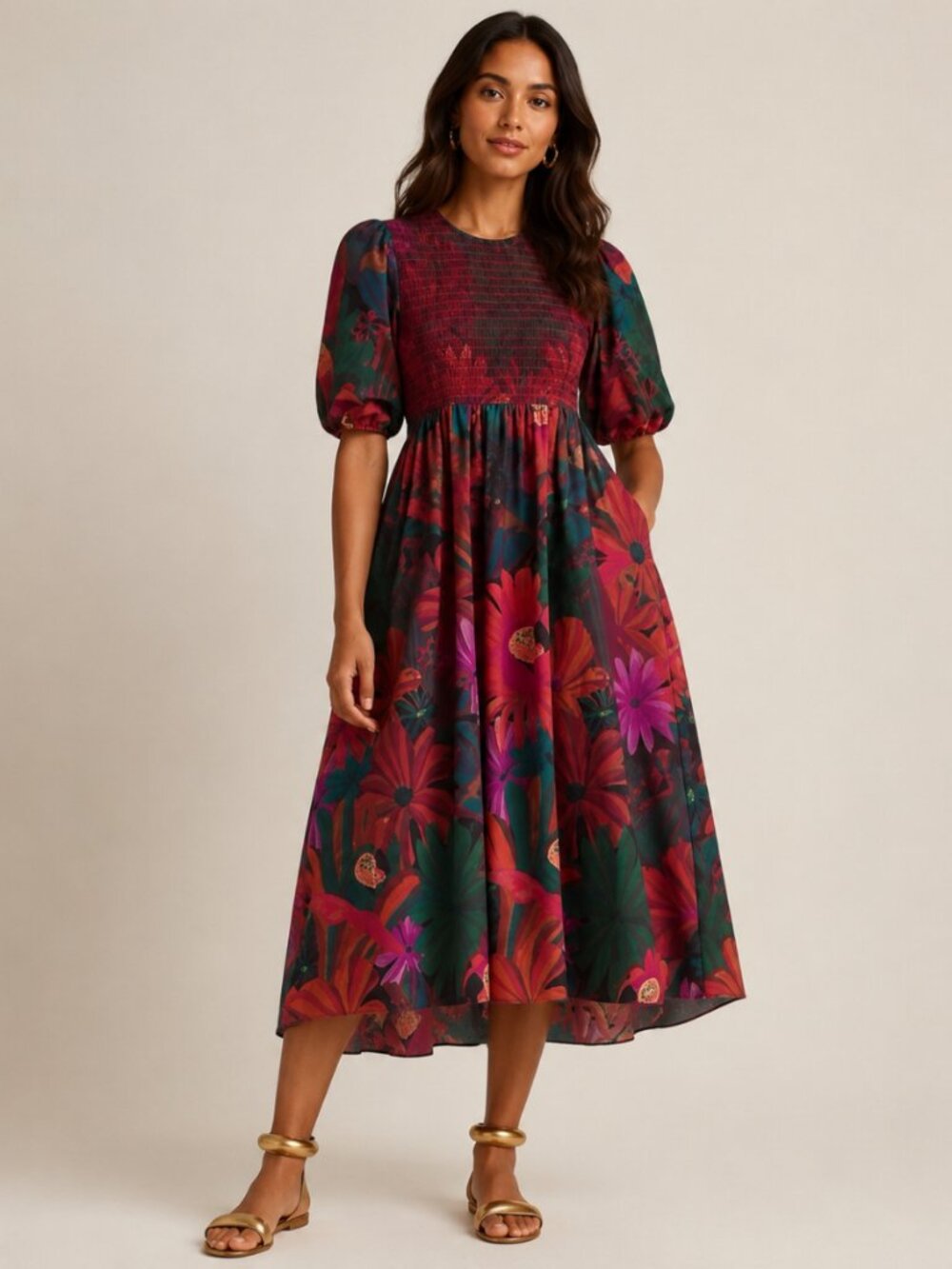 FARM Rio Bird Flowers Smocked Midi Dress